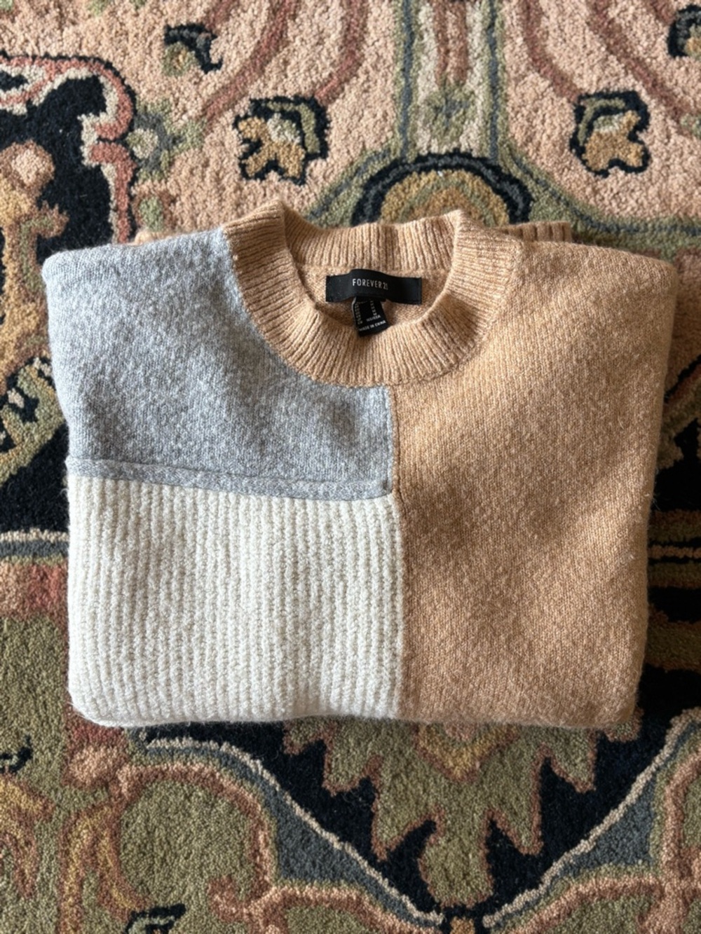 Forever 21 Patchwork Crewneck Sweater - Beige, Light Gray cable knit, Cream - Picture 3 of 4
